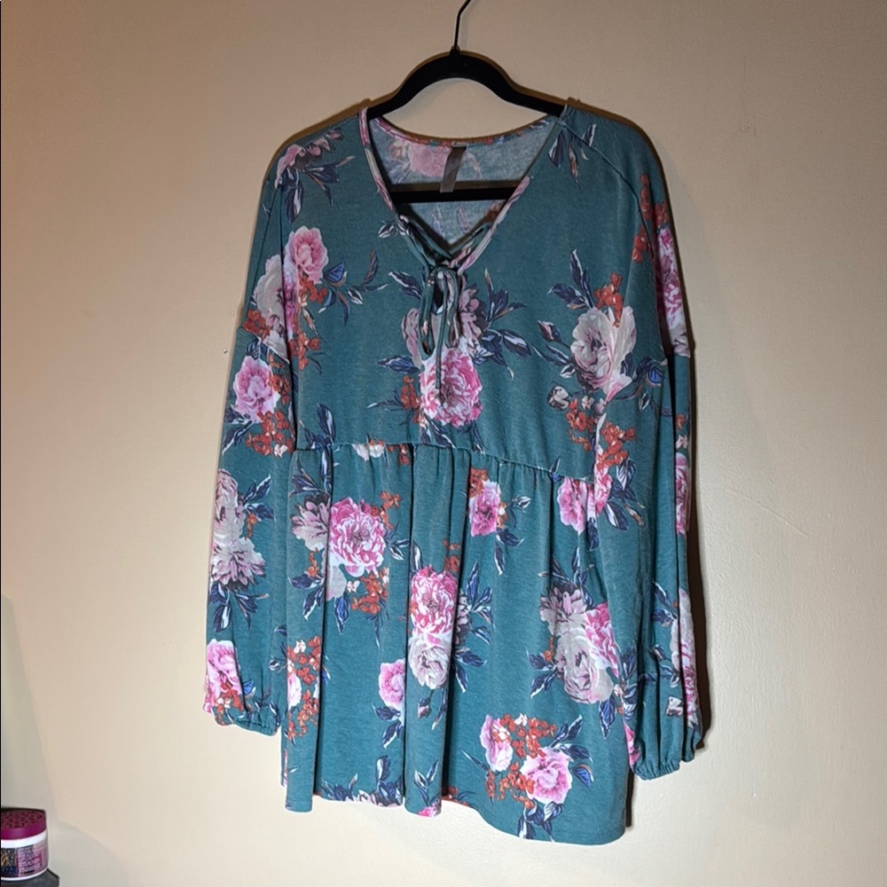 Pink Floral Long Sleeve Tie Front Blouse